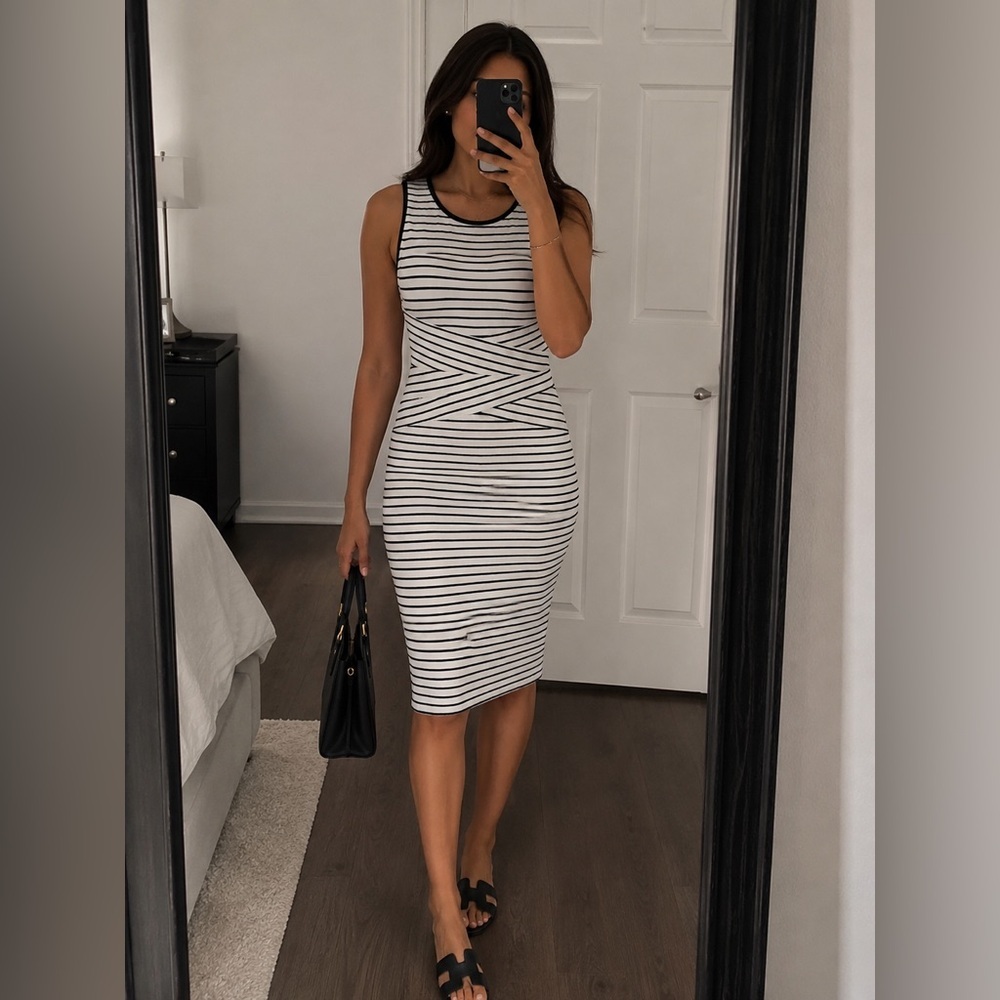XOXO Women’s Black & White Striped Midi Sheath Dress – Size M Sleeveless Bodycon